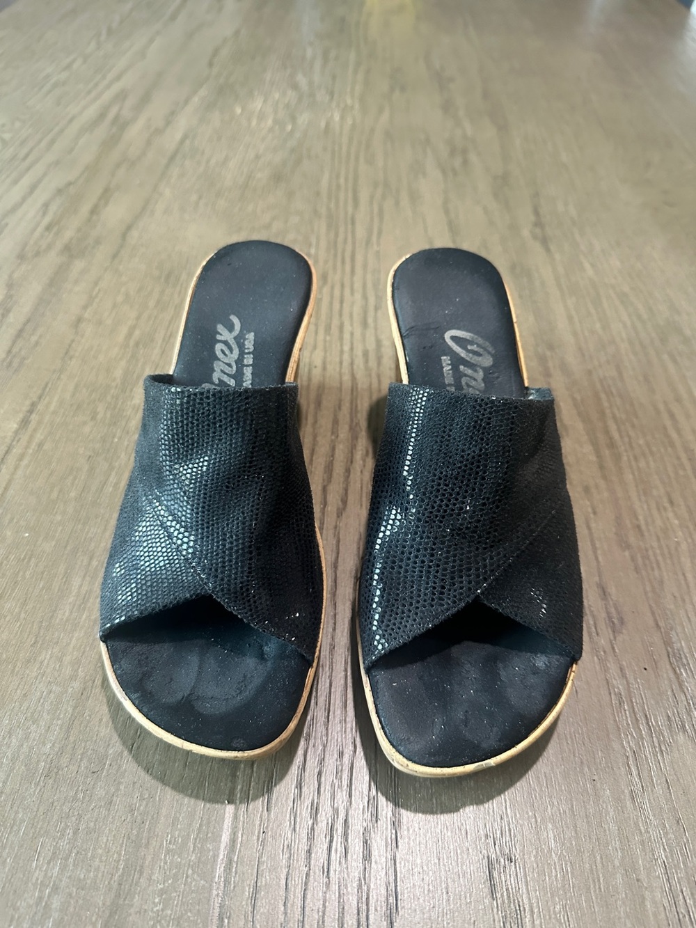 Onex Black Stretch Cork Wedge Sandals Size 6.5 U.S./37